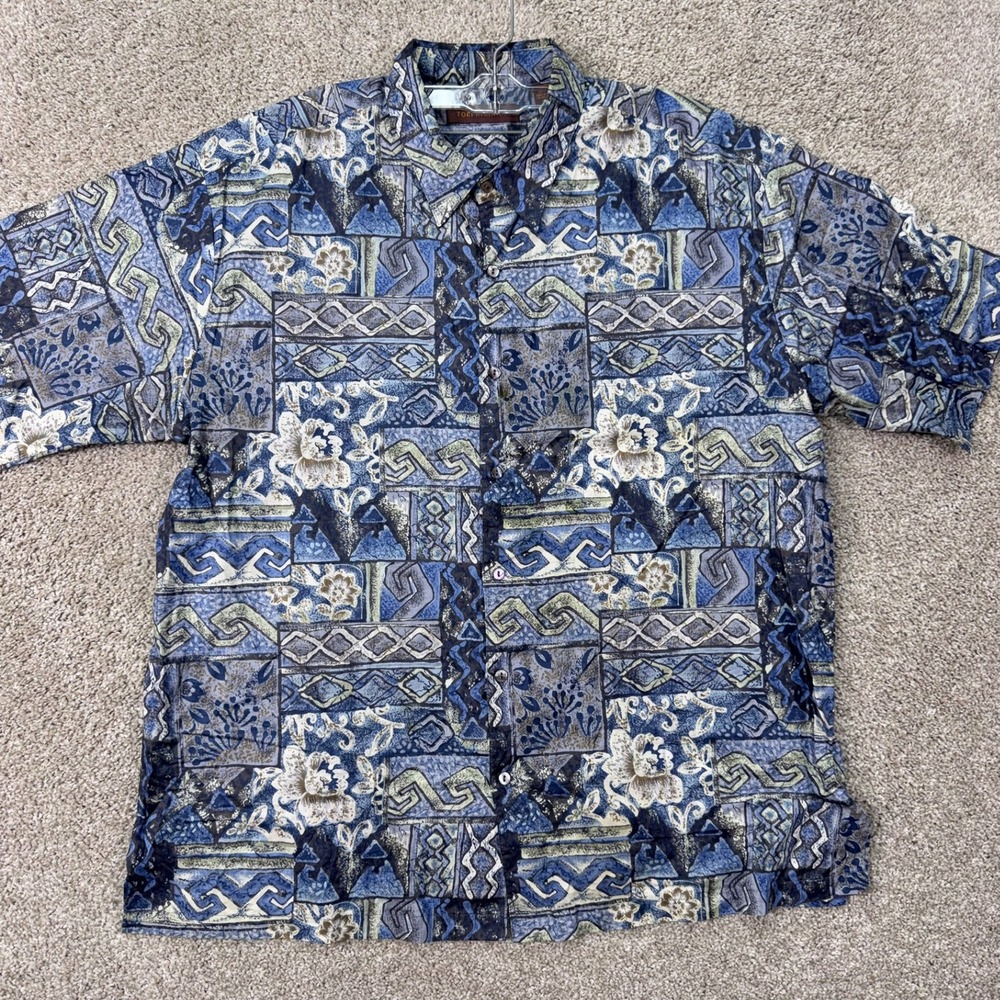 Tori Richard Shirt Mens XL Cotton Lawn Geometric Floral Blue Aloha EUC
